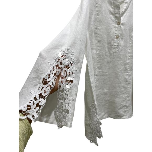 Soft Surroundings 100% Linen V-Neck Bohemian Tunic w/ Crochet Detail Sz L - Picture 3 of 6